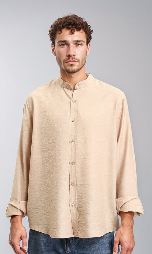 O203313 - Textured Mandarin Collar Summer Shirt - Dark Beige