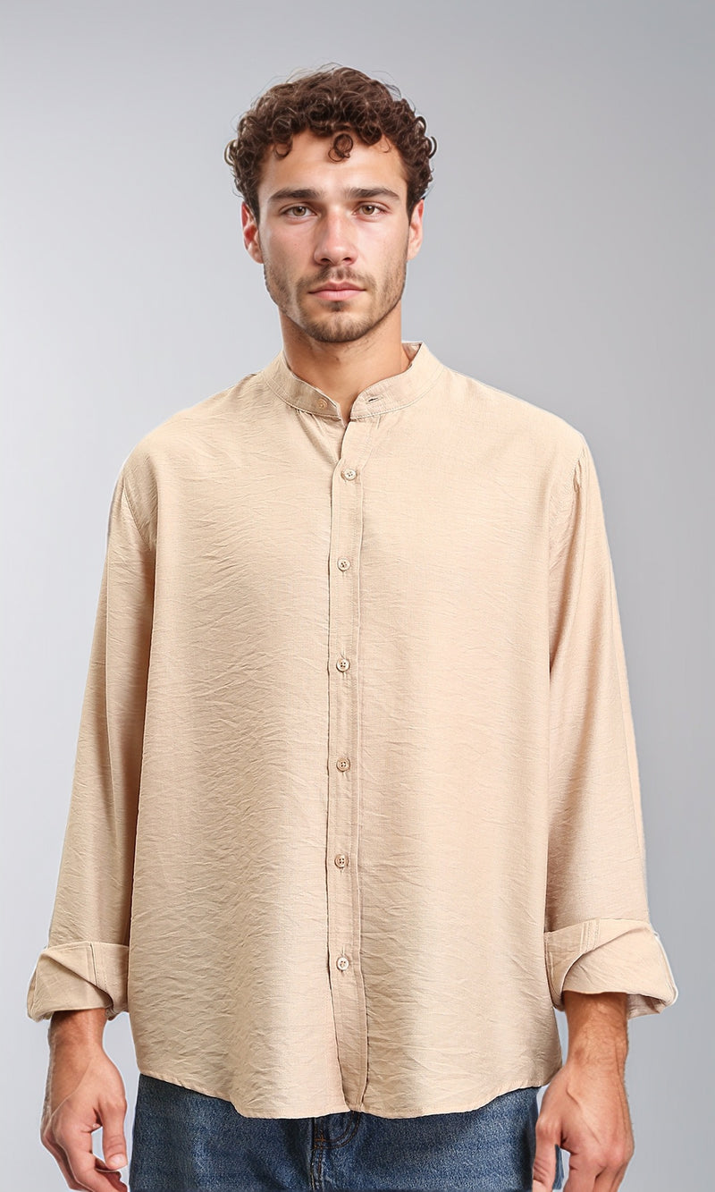 O203313 - Textured Mandarin Collar Summer Shirt - Dark Beige