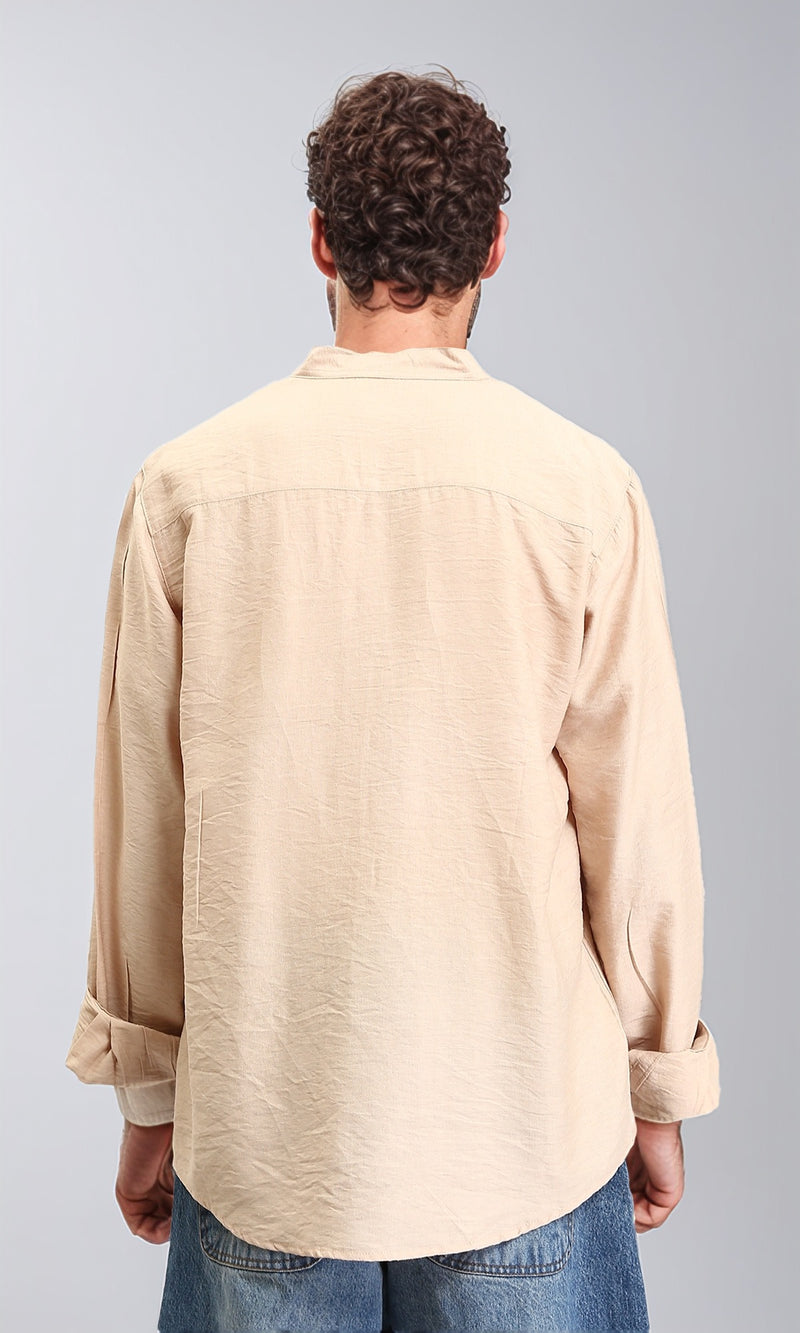 O203313 - Textured Mandarin Collar Summer Shirt - Dark Beige