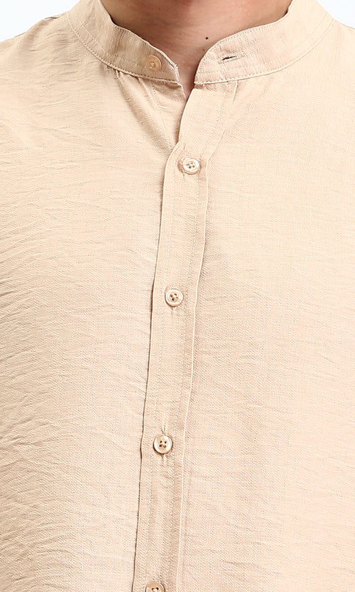 O203313 - Textured Mandarin Collar Summer Shirt - Dark Beige