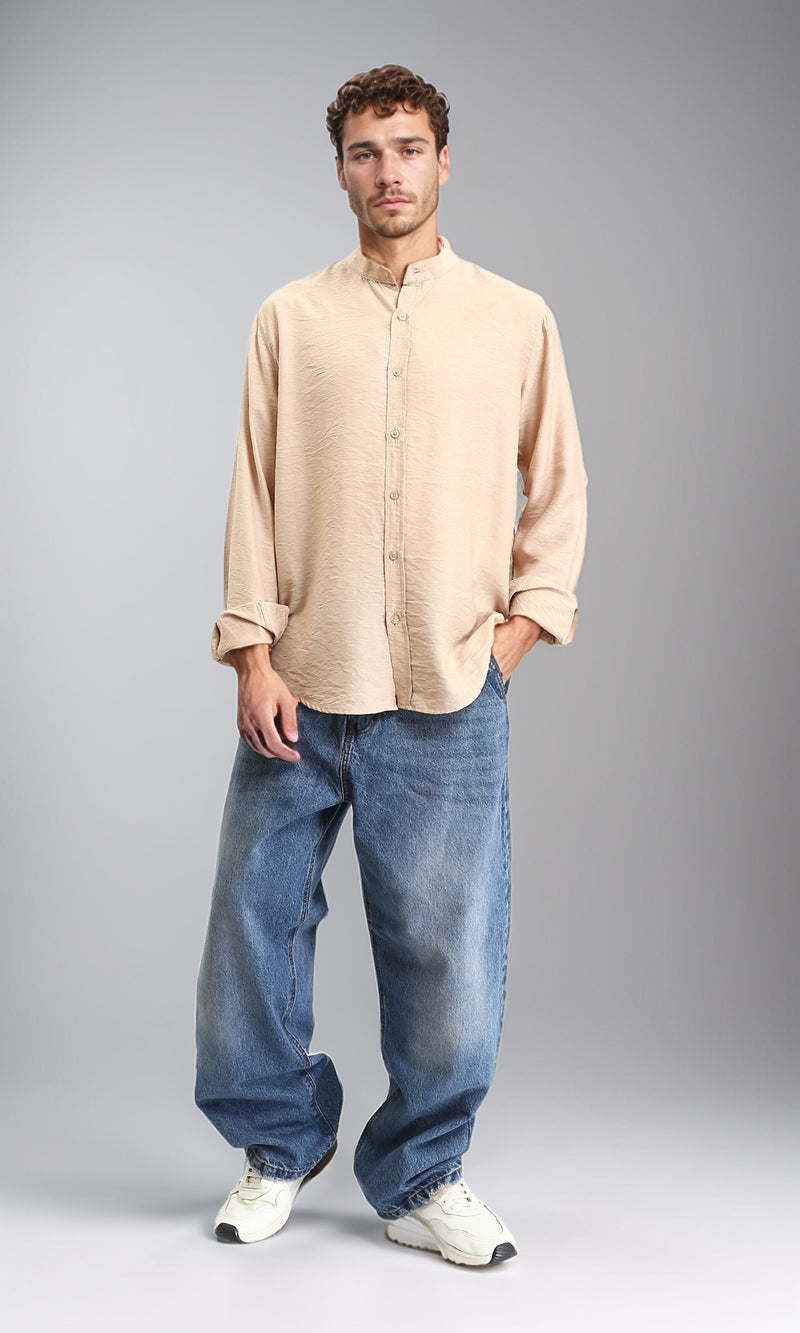 O203313 - Textured Mandarin Collar Summer Shirt - Dark Beige