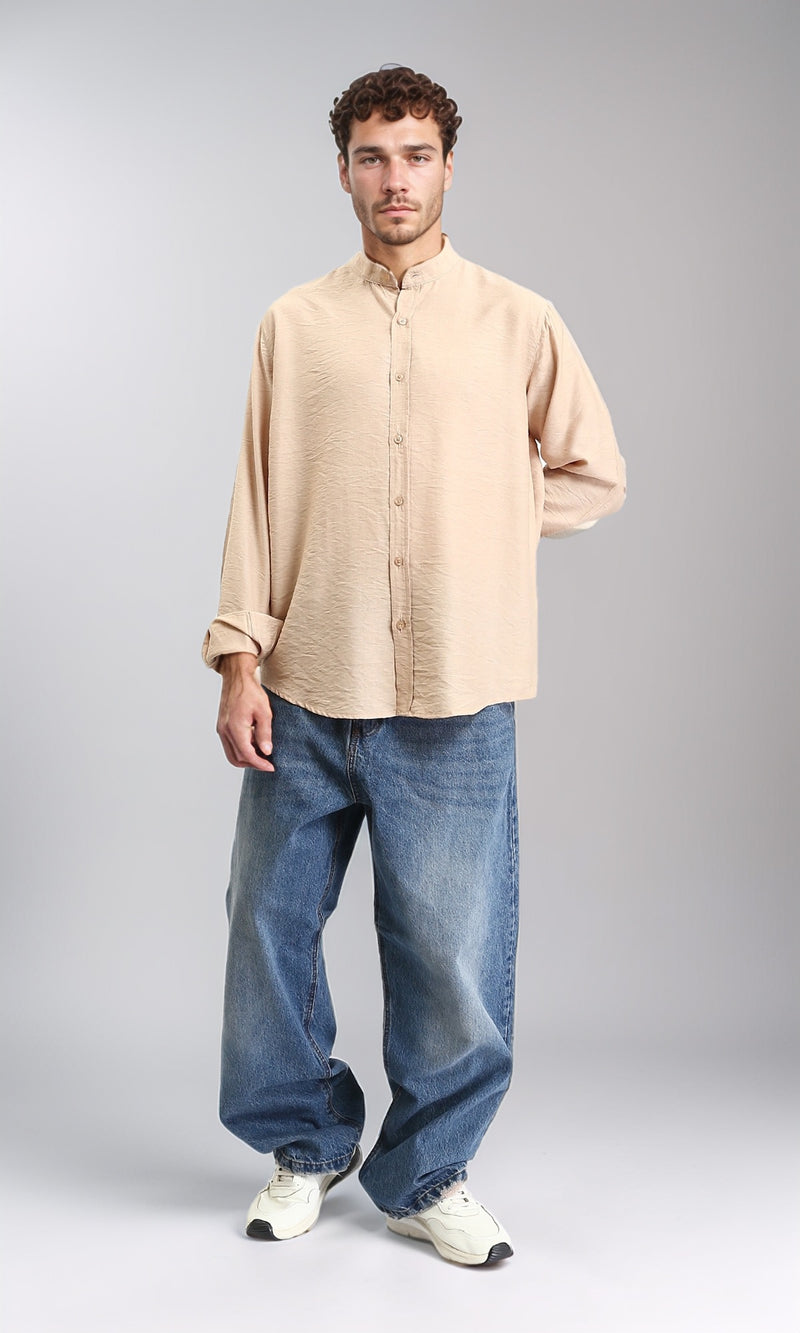 O203313 - Textured Mandarin Collar Summer Shirt - Dark Beige