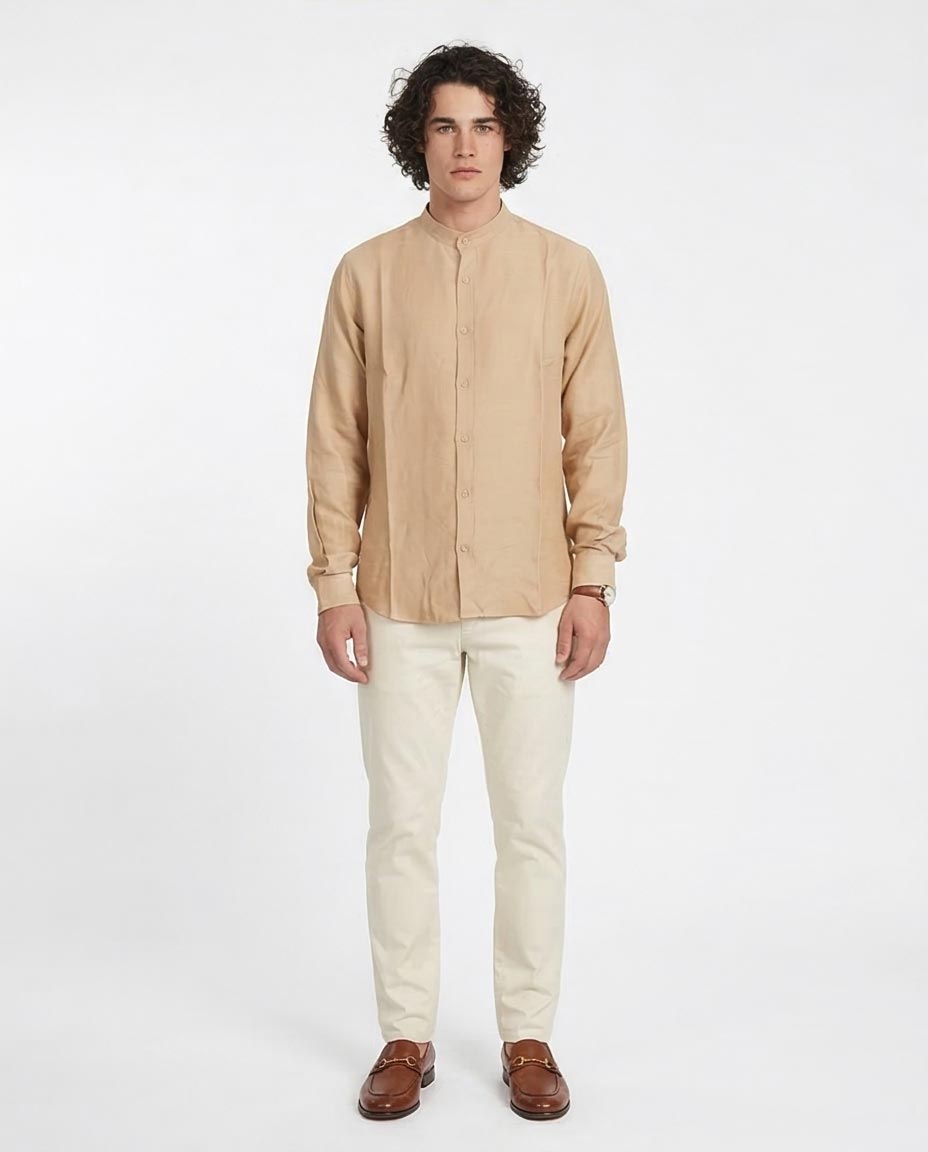 Ravin Men’s Mandarin Collar Linen-Textured Shirt – Sand - O203314