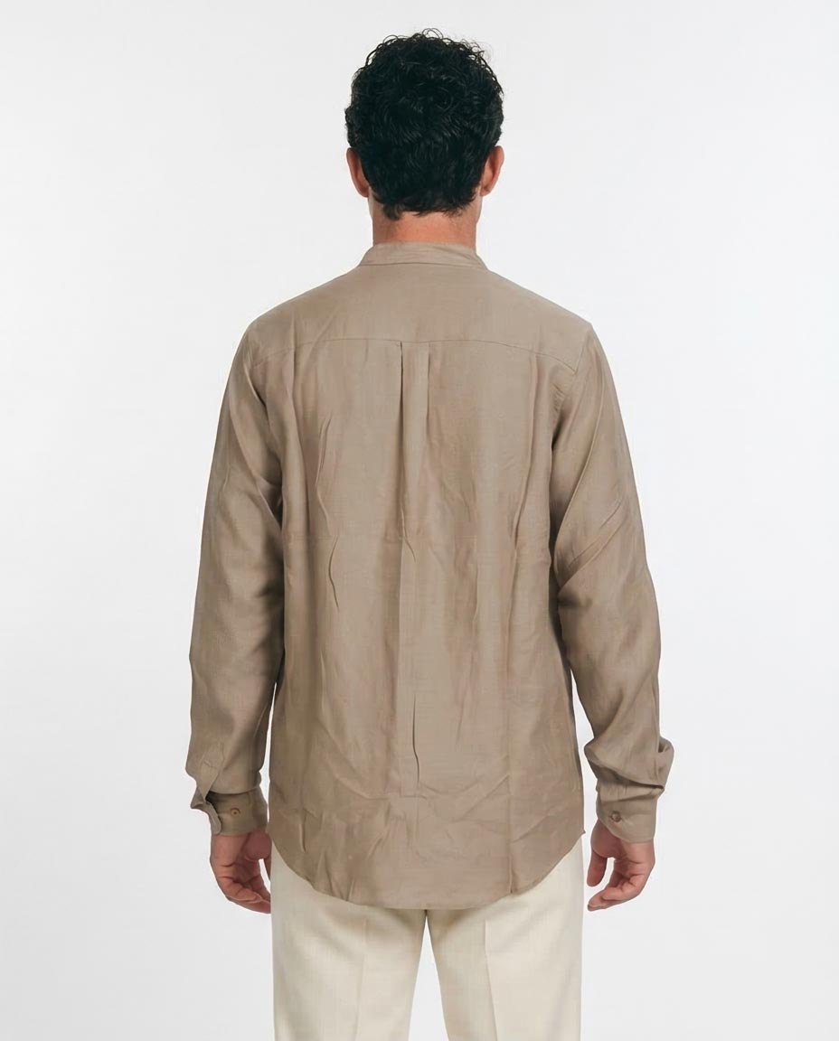 Ravin | Men’s Mandarin Collar Linen-Texture Shirt – Taupe – O203315