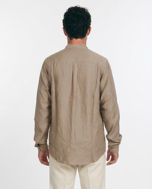 Ravin | Men’s Mandarin Collar Linen-Texture Shirt – Taupe – O203315