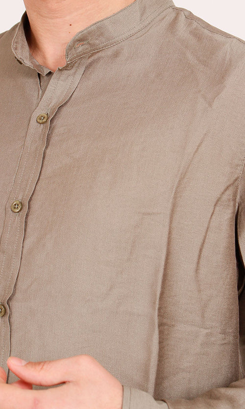 O203315 - Linen-Style Button-Up Shirt – Olive Green