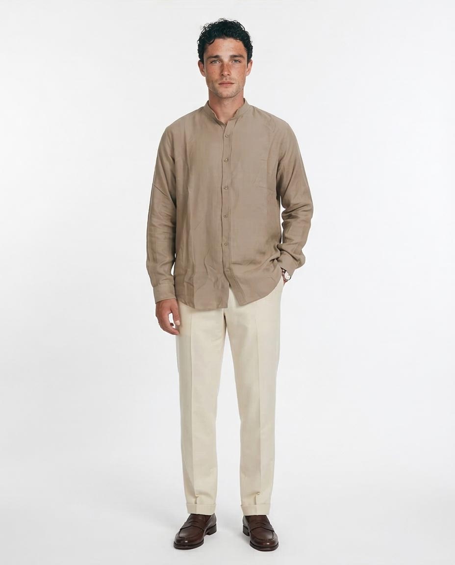 Ravin | Men’s Mandarin Collar Linen-Texture Shirt – Taupe – O203315