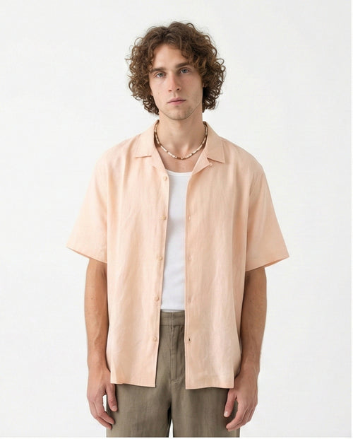 Linen Short-Sleeve Button-Up Shirt - Beige