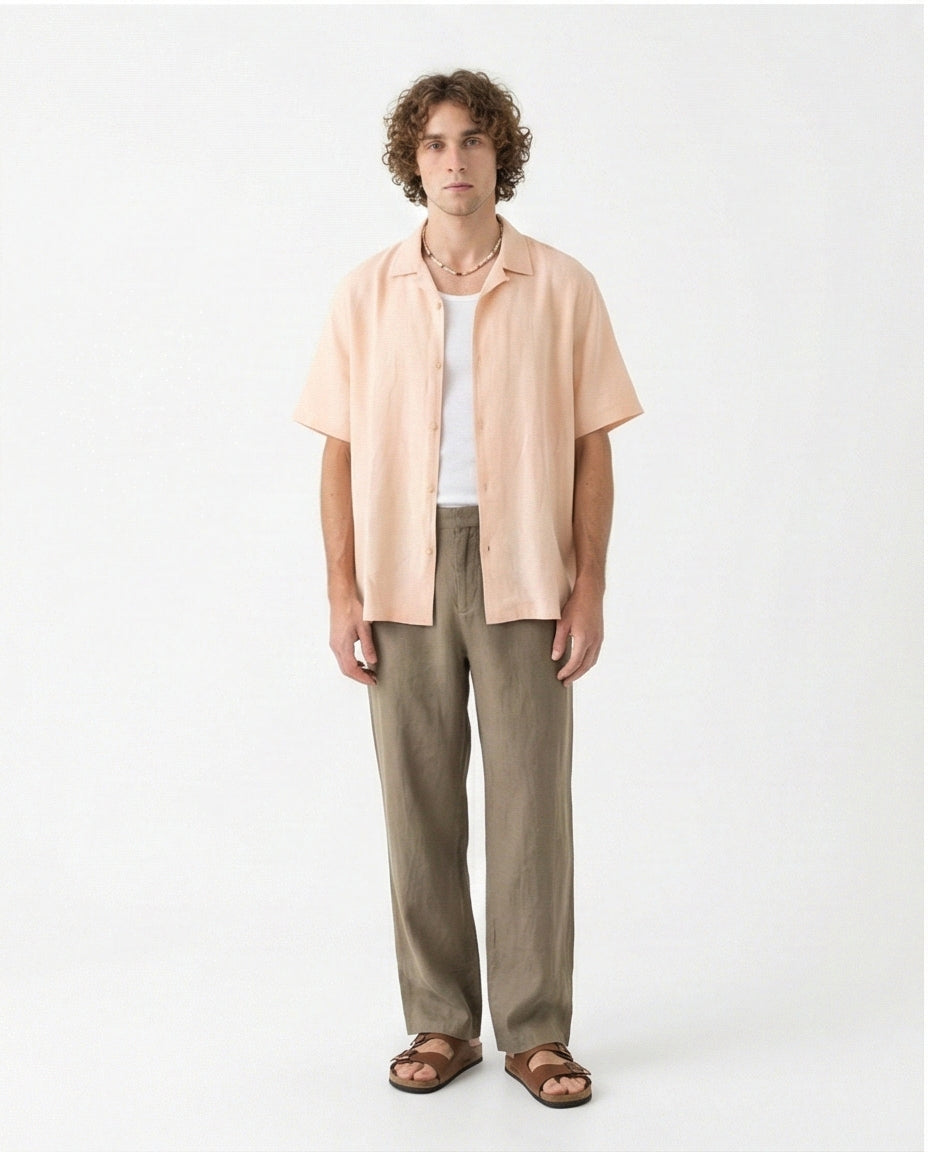 O203318 - Linen Short-Sleeve Button-Up Shirt - Beige