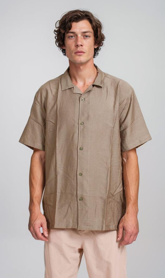 O203320 - Linen Short-Sleeve Button-Up Shirt - Olive Green