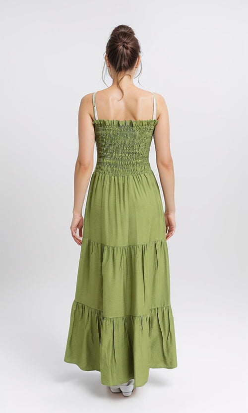 O203321 - Slip On Shirred Square Neck Maxi Dress - Pear Green