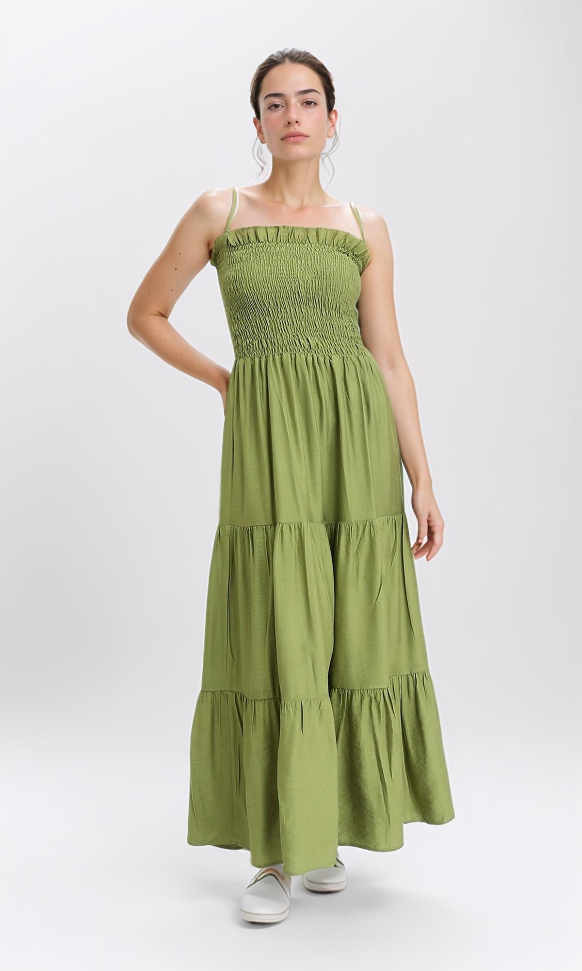 O203321 - Slip On Shirred Square Neck Maxi Dress - Pear Green