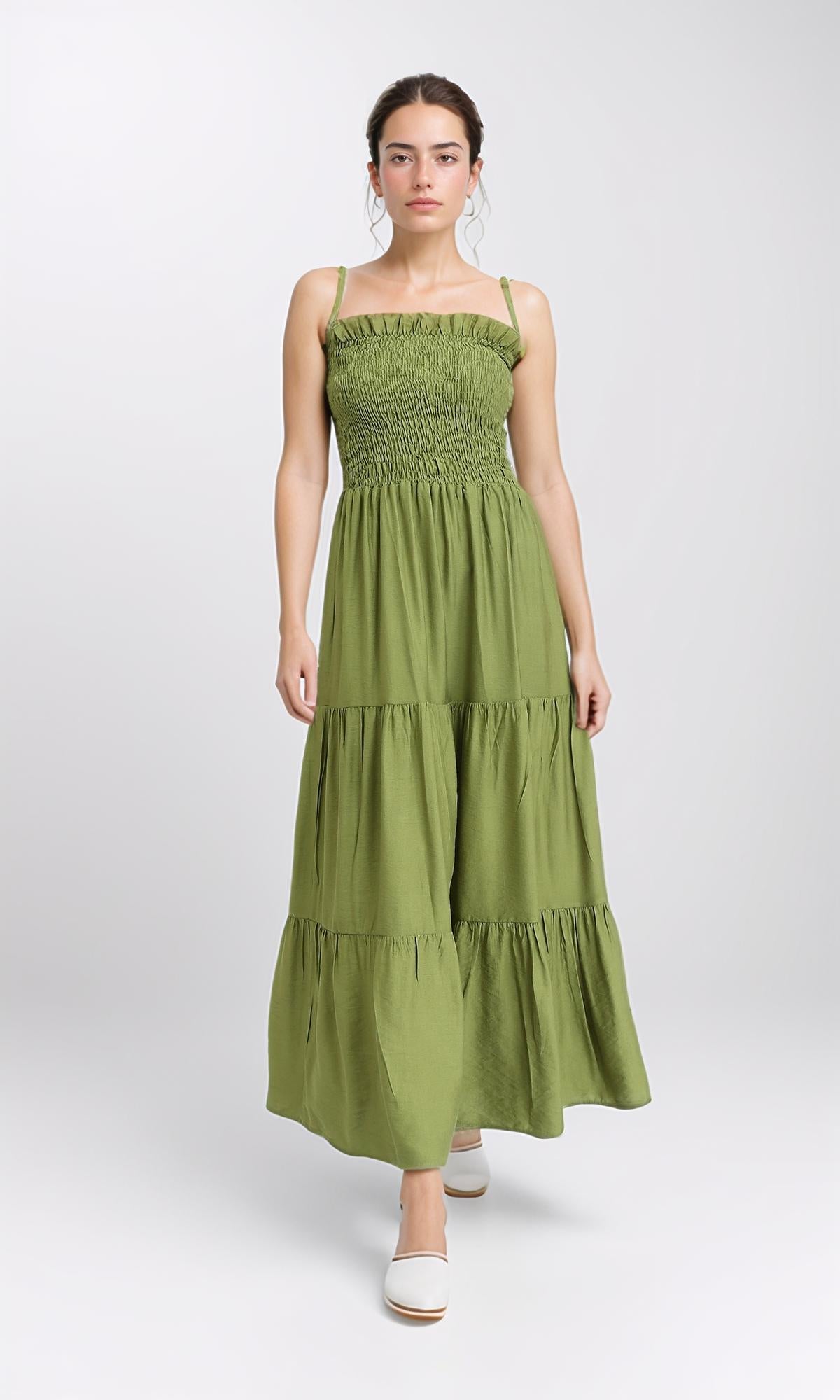 O203321 - Slip On Shirred Square Neck Maxi Dress - Pear Green