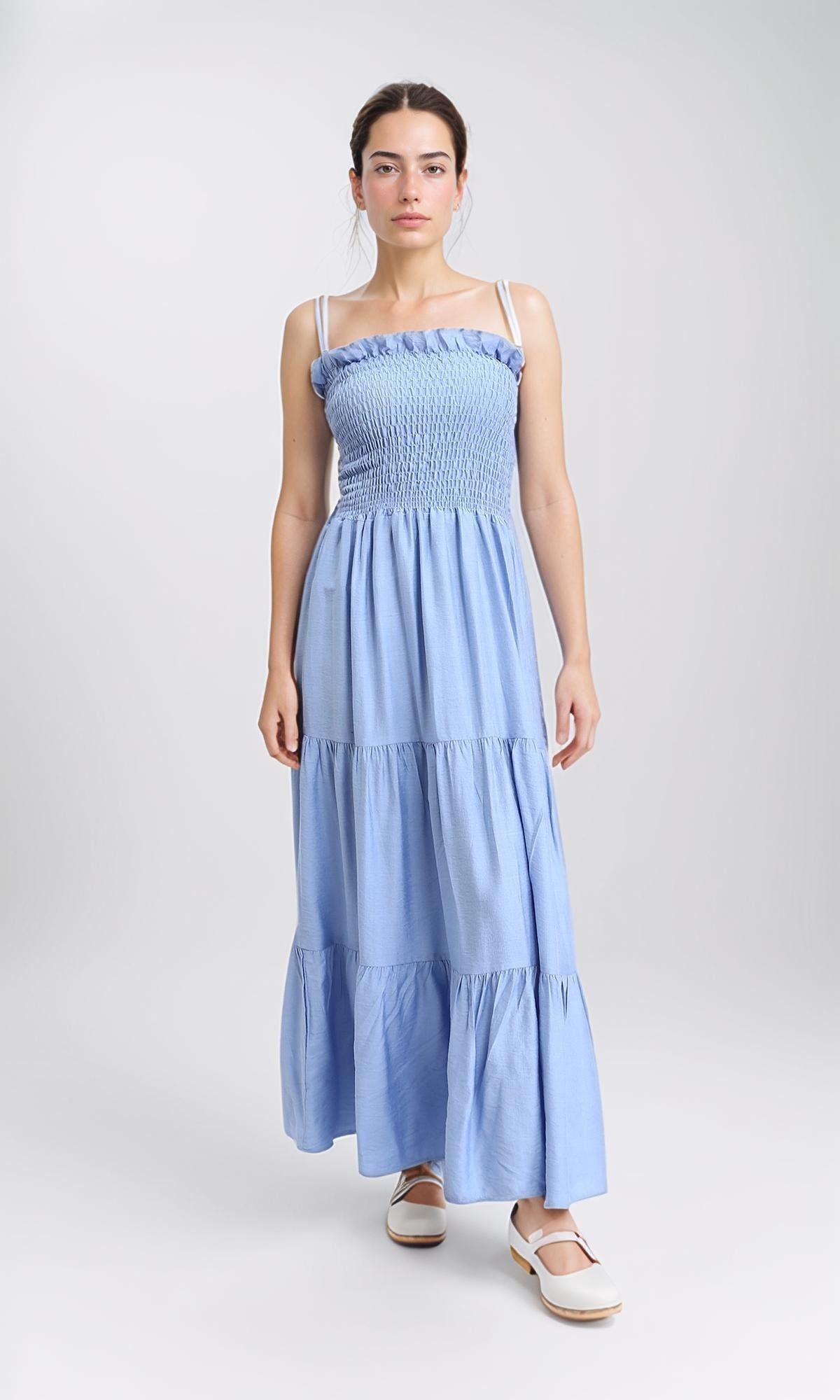 Slip On Shirred Square Neck Maxi Dress - Baby Blue