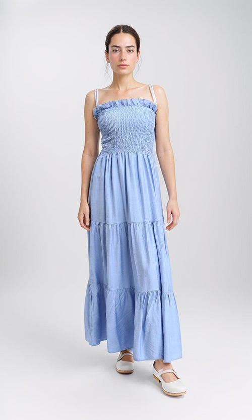 Slip On Shirred Square Neck Maxi Dress - Baby Blue