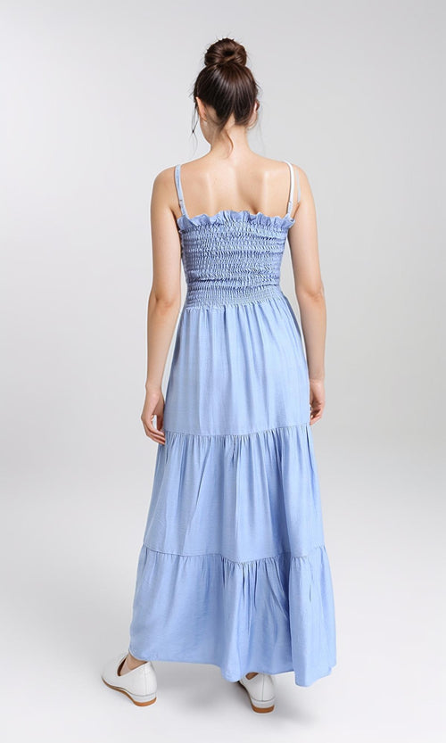 O203322 - Slip On Shirred Square Neck Maxi Dress - Baby Blue