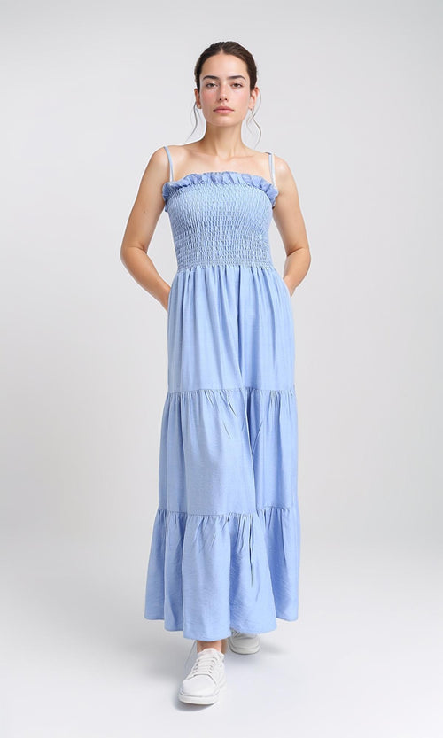 O203322 - Slip On Shirred Square Neck Maxi Dress - Baby Blue