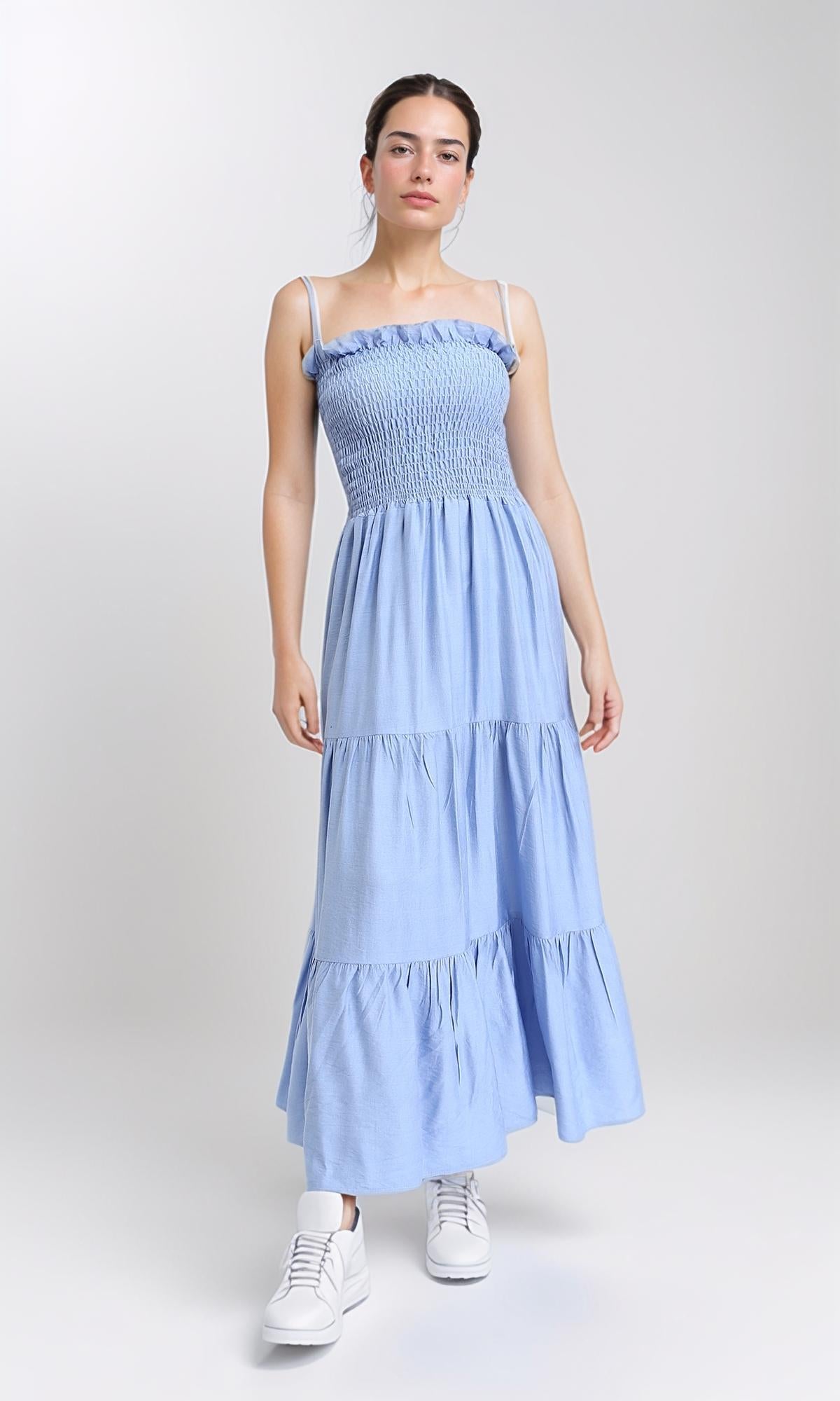 O203322 - Slip On Shirred Square Neck Maxi Dress - Baby Blue