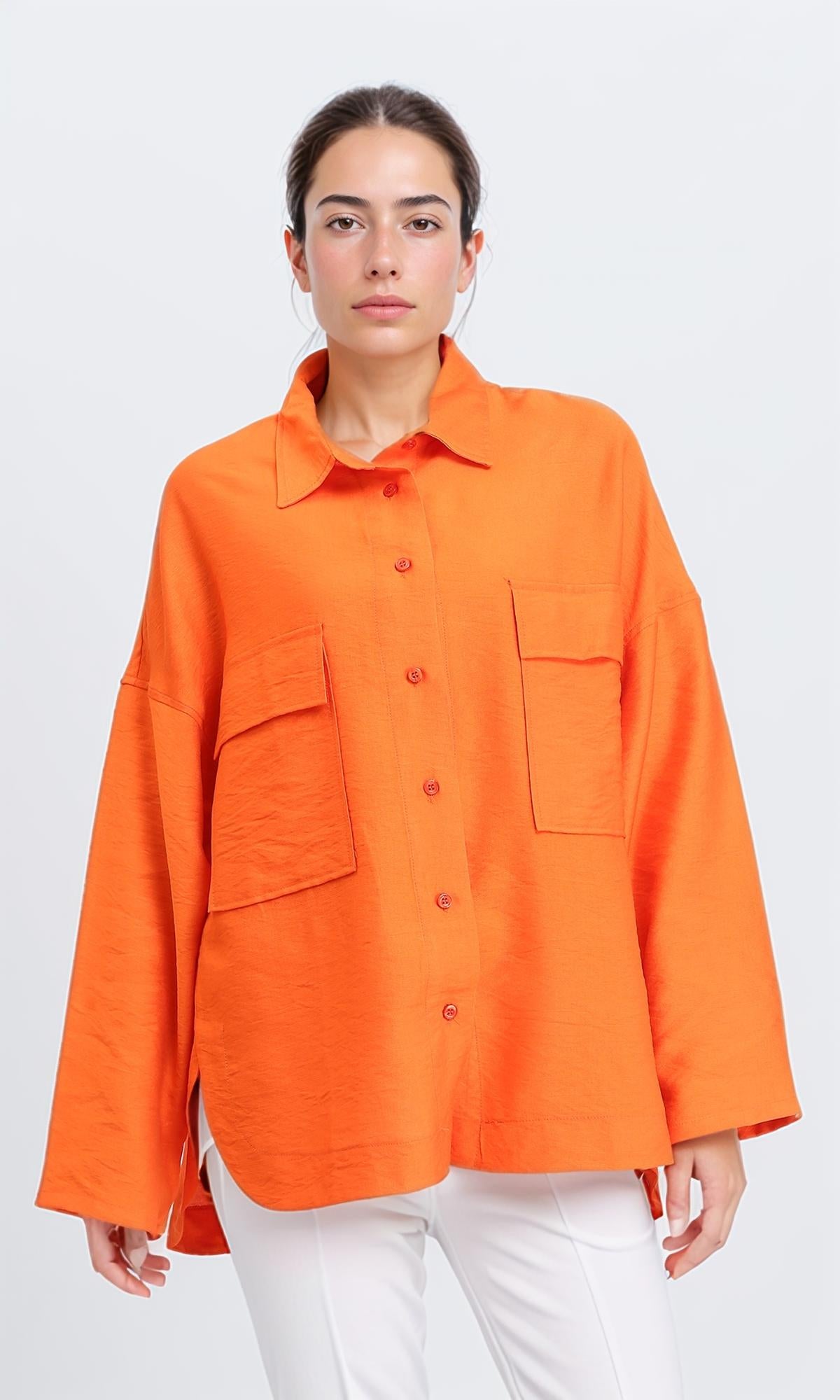 Long Sleeves Shirt with Front Pockets - Orange