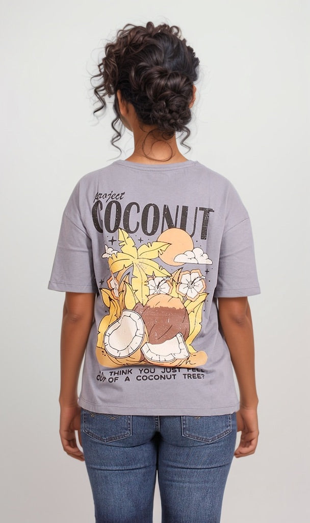 Dark Grey Oversized Coconut Graphic T-Shirt - O203329