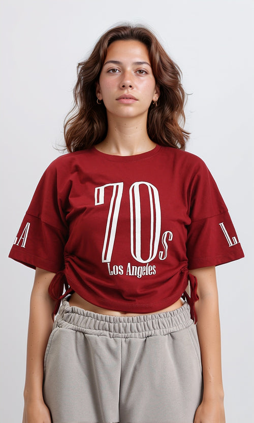 O203335 - Slip On Printed Tee with Drawstring - Burgundy