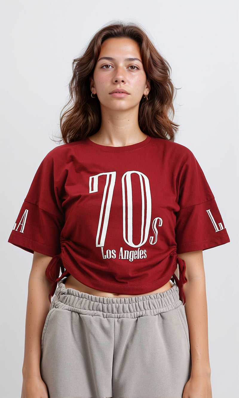 O203335 - Slip On Printed Tee with Drawstring - Burgundy