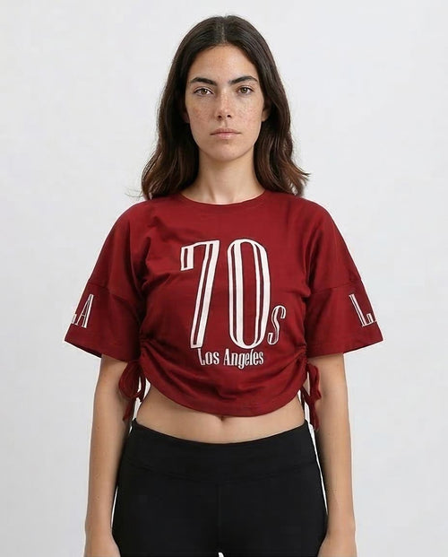 Ravin Women's 70s Los Angeles Graphic T-Shirt with Side-Cinch Drawstrings – Burgundy - O203335
