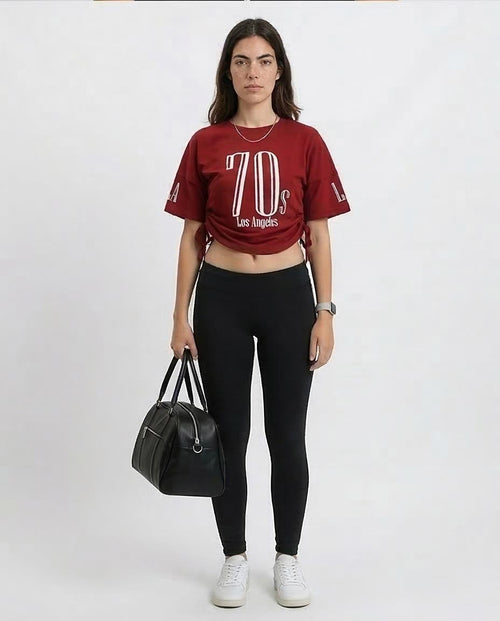 Ravin Women's 70s Los Angeles Graphic T-Shirt with Side-Cinch Drawstrings – Burgundy - O203335