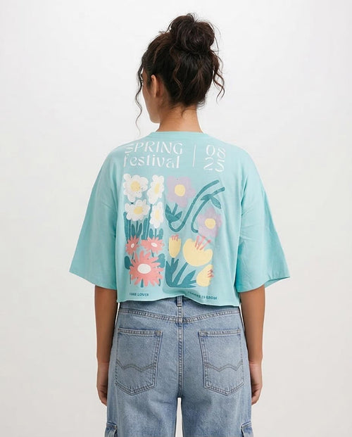 RAVIN Women’s "Spring Festival" Cropped Graphic T-Shirt - Aqua - O203337