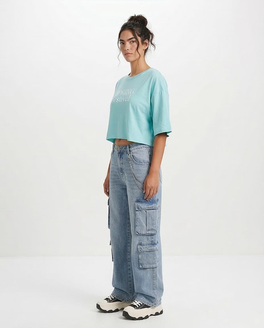 RAVIN Women’s "Spring Festival" Cropped Graphic T-Shirt - Aqua - O203337
