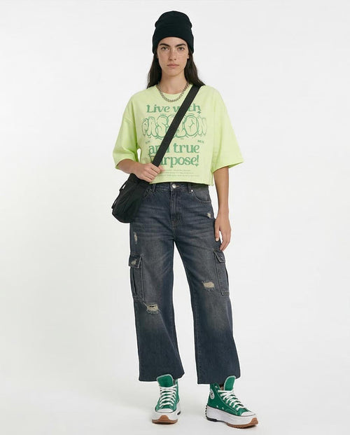 Ravin Women’s "Live with Passion" Boxy Cropped Graphic T-Shirt – Lime Green - O203340