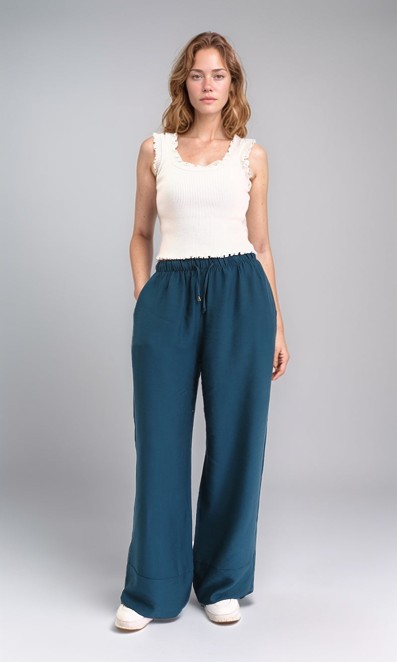 O203490 - Solid Wide Leg Comfy Pants - Teal