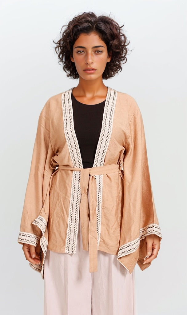 Tan Kimono-Style Cardigan with Contrast Lace Trim