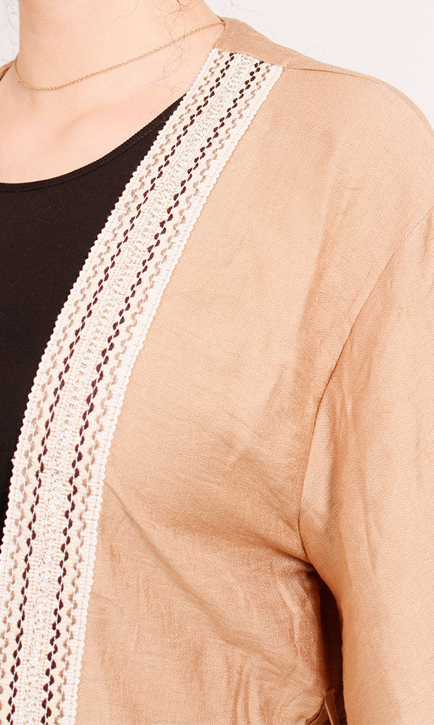 Tan Kimono-Style Cardigan with Contrast Lace Trim