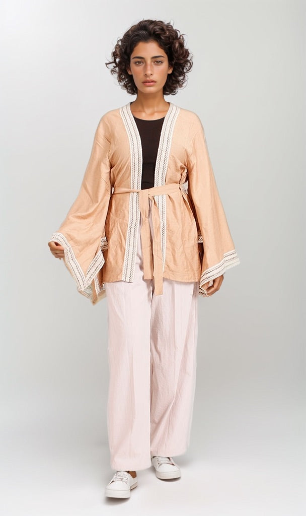 Tan Kimono-Style Cardigan with Contrast Lace Trim