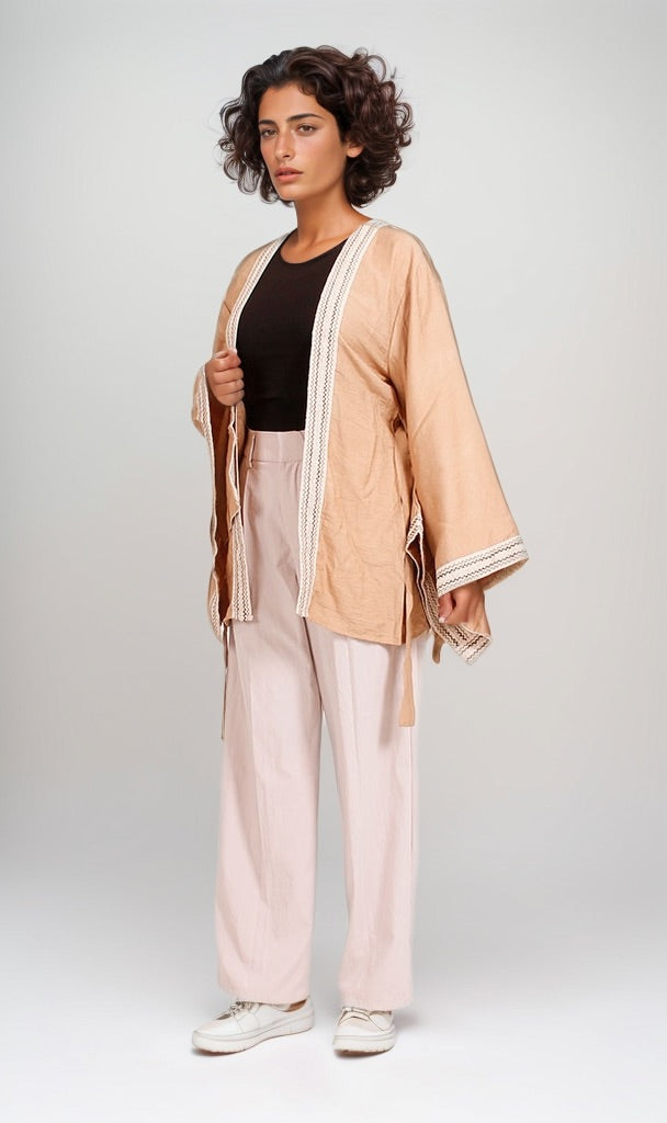 Tan Kimono-Style Cardigan with Contrast Lace Trim