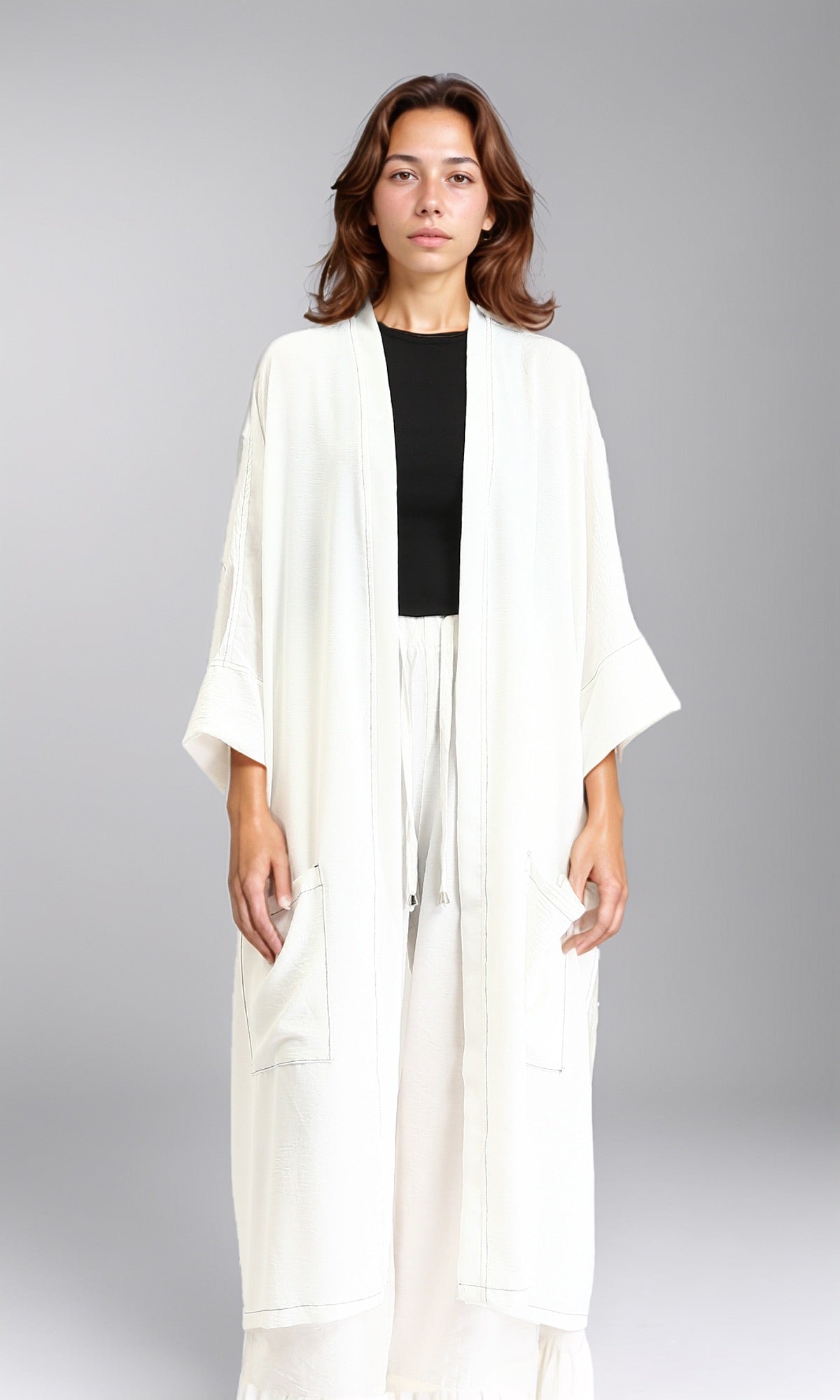 Textured Slip On Long Cardigan - Off-White