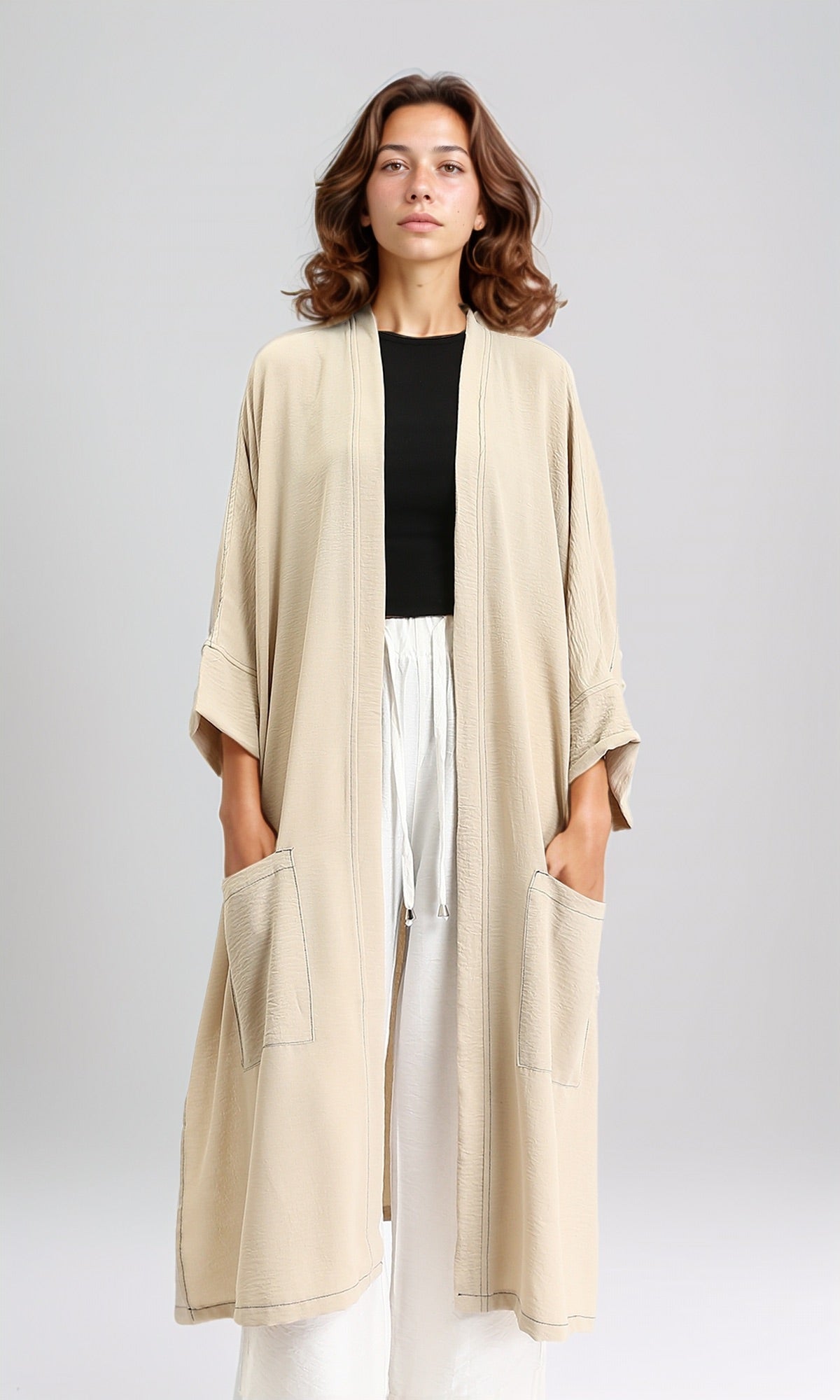 Textured Slip On Long Cardigan - Dark Beige