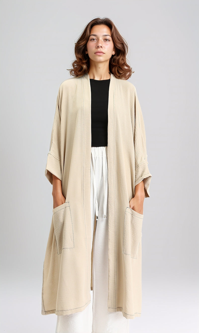 O203498 - Textured Slip On Long Cardigan - Dark Beige