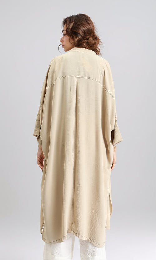 O203498 - Textured Slip On Long Cardigan - Dark Beige