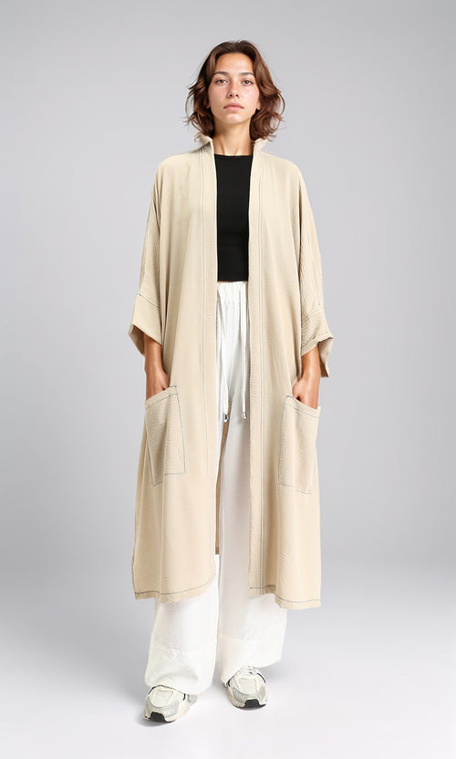 O203498 - Textured Slip On Long Cardigan - Dark Beige