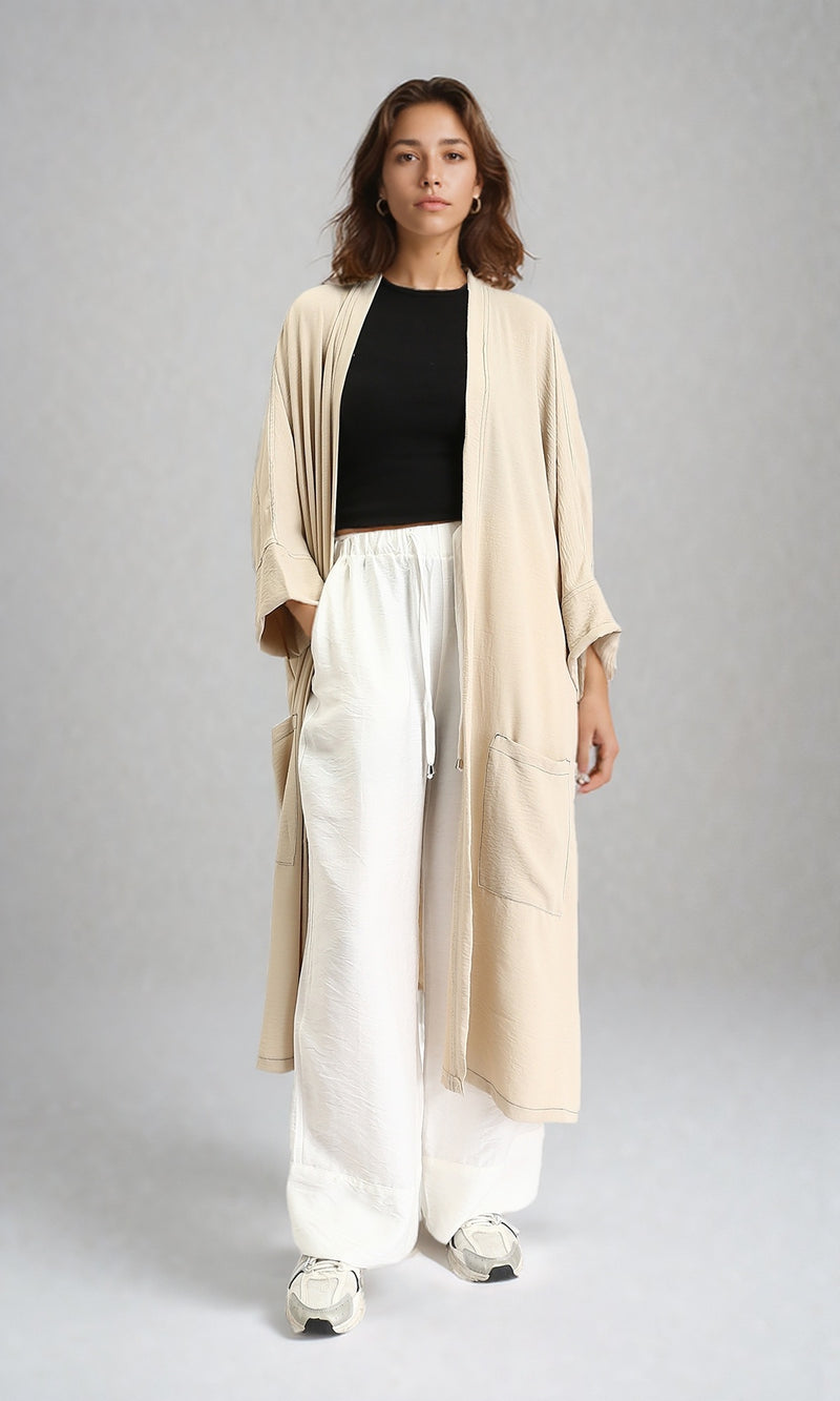 O203498 - Textured Slip On Long Cardigan - Dark Beige