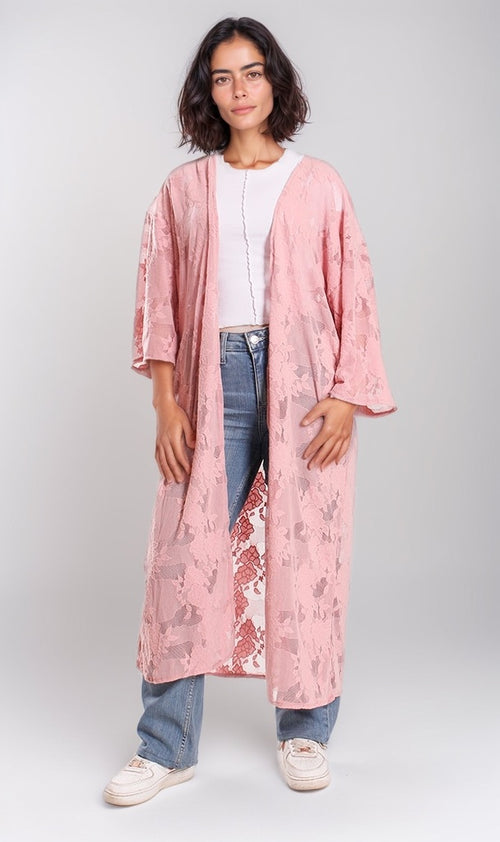 Blush Floral Lace Open-Front Longline Kimono