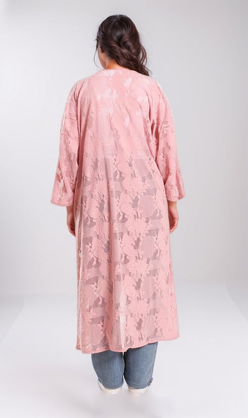 Blush Floral Lace Open-Front Longline Kimono