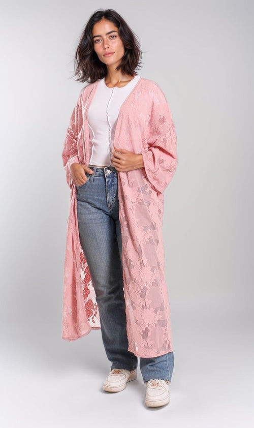 Blush Floral Lace Open-Front Longline Kimono