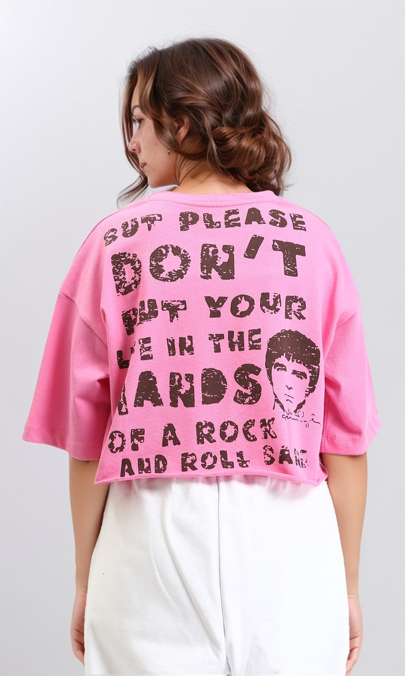 O203511 - Printed Crew Neck Cotton Tee - Pink