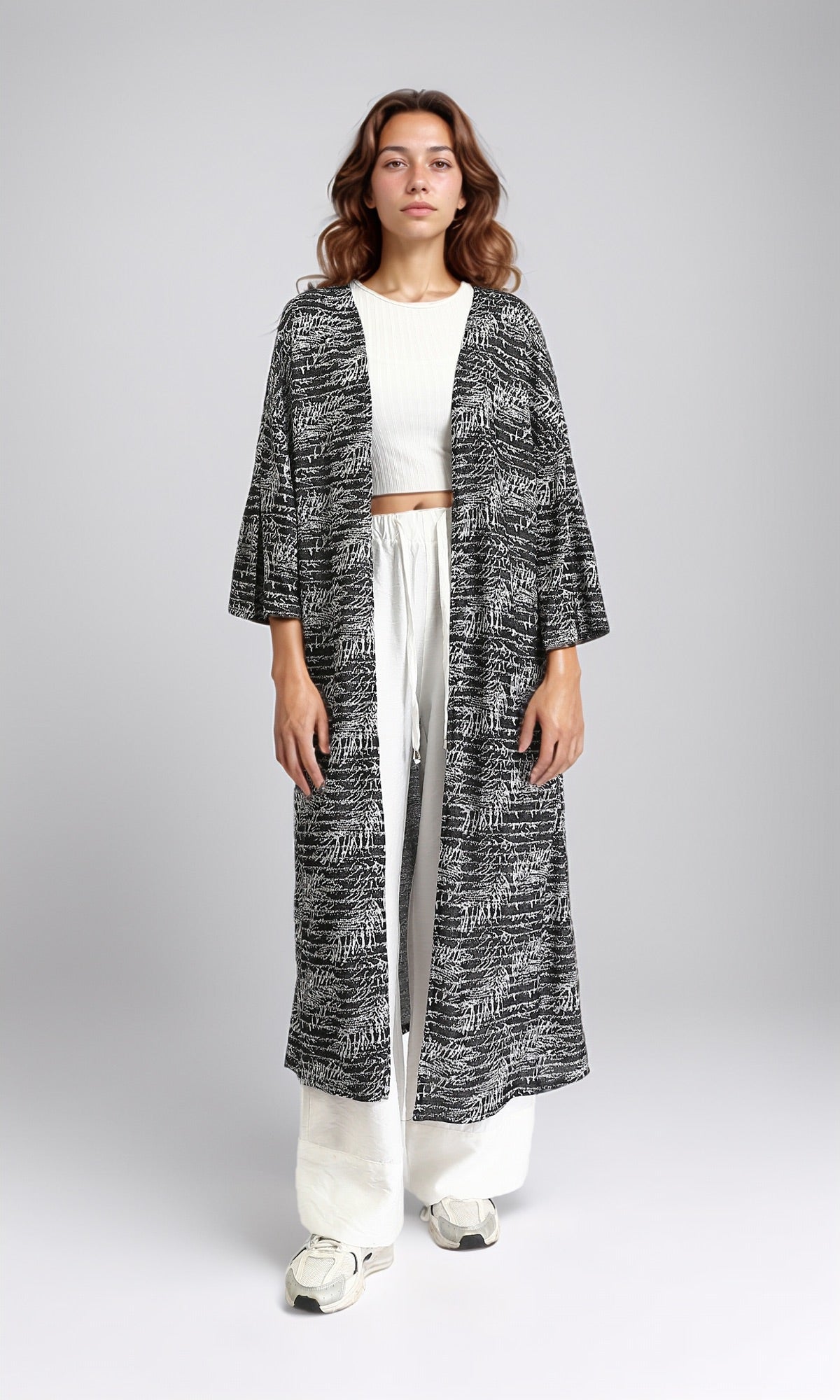 Patterned Open Neckline Long Cardigan - Black