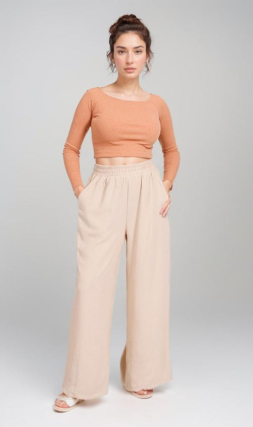 Stone Textured Elastic Waist Wide-Leg Trousers - O204324