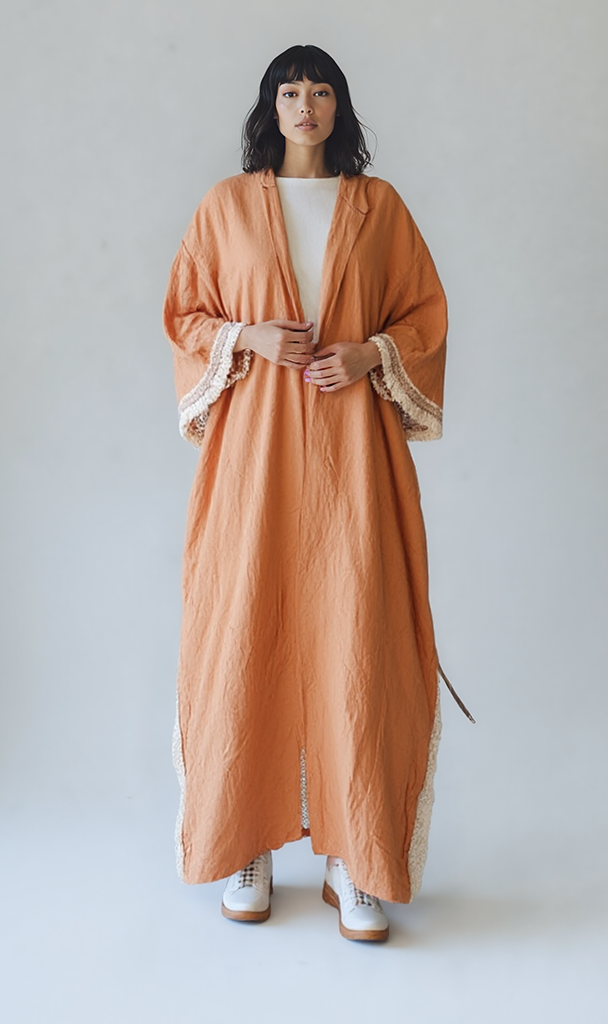 Embroidered Linen Kimono - Rust Brown
