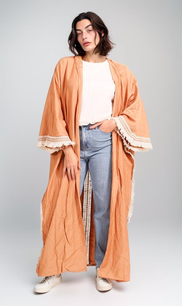 O204327 - Embroidered Linen Kimono - Rust Brown